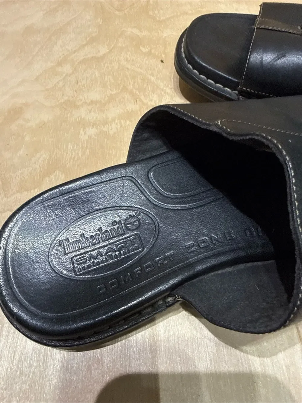 Timberland Mens Black Leather Slide Sandals Contrast Stitching  Size 9 M